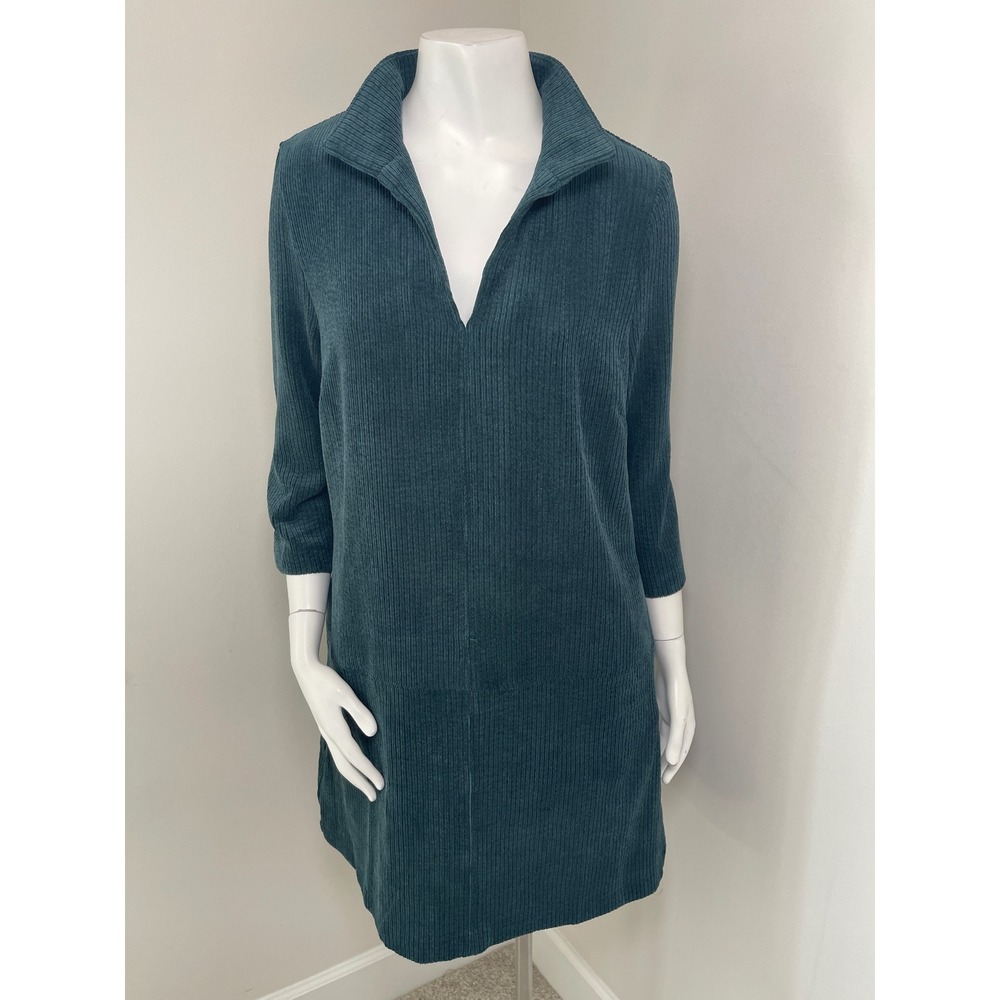 THML Teal Green Corduroy Shift Dress Split V-Neck Pockets M Office Career Casual